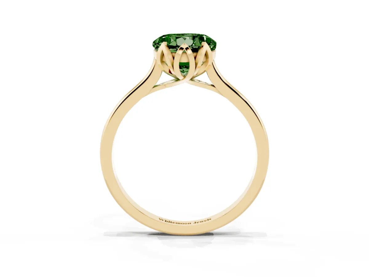 Fancy Green Round Cut Diamond Solitaire Ring with Flower Prong Setting and Classic Band Yellow gold