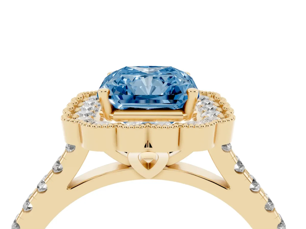 Fancy Blue Radiant Cut Cut Diamond Milgrain Floral Halo Engagement Ring with Pavé Band Yellow gold