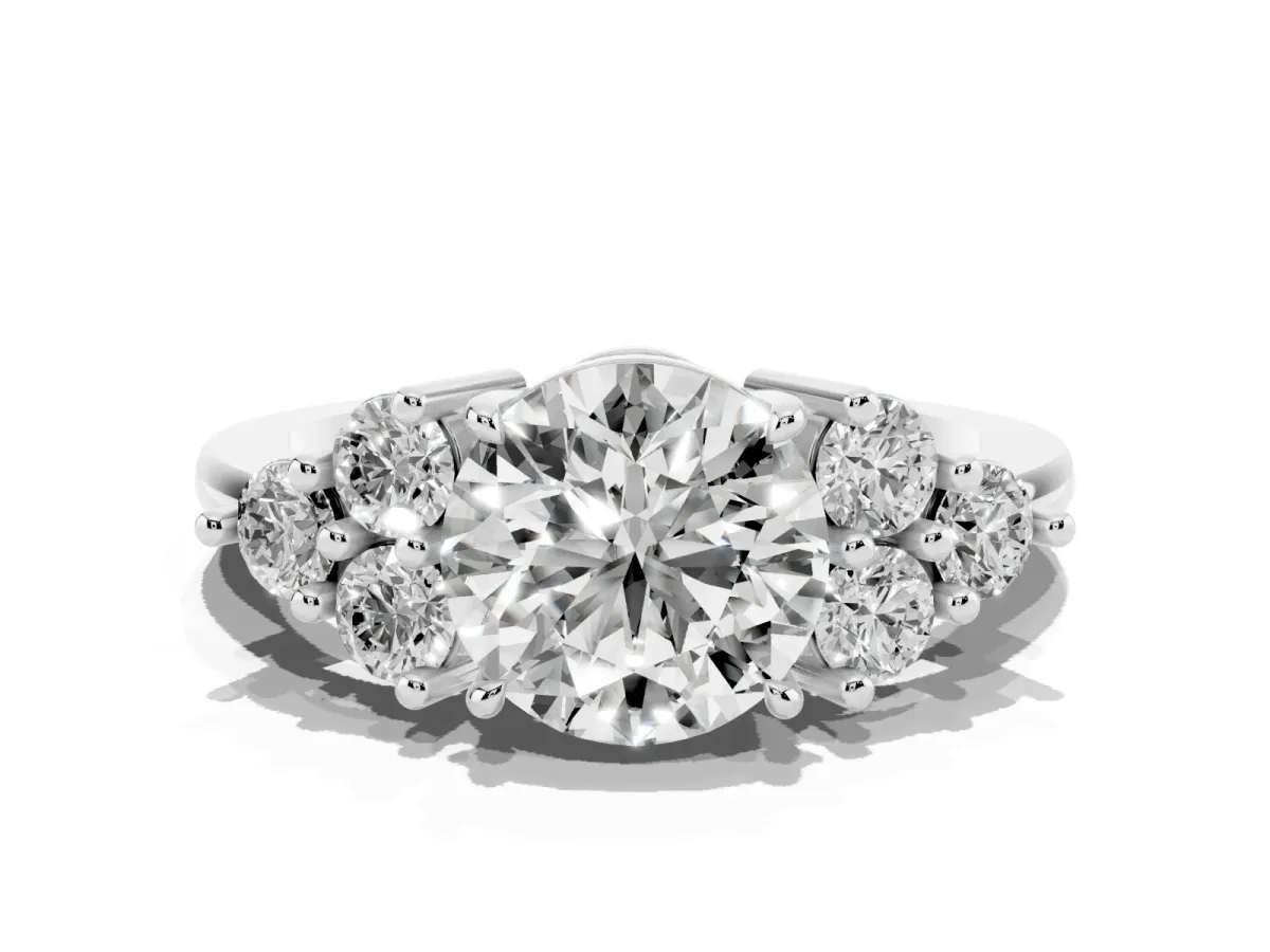 Round Cut Brilliant Diamond Cluster Accent Solitaire Ring with Prong Setting Platinum