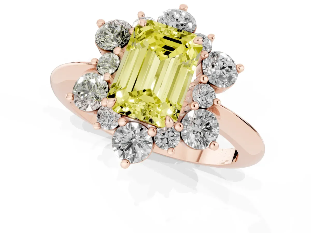 Fancy Yellow Emerald Cut Diamond Cluster Halo Ring with Solitaire Band and Four-Prong Setting Rose gold