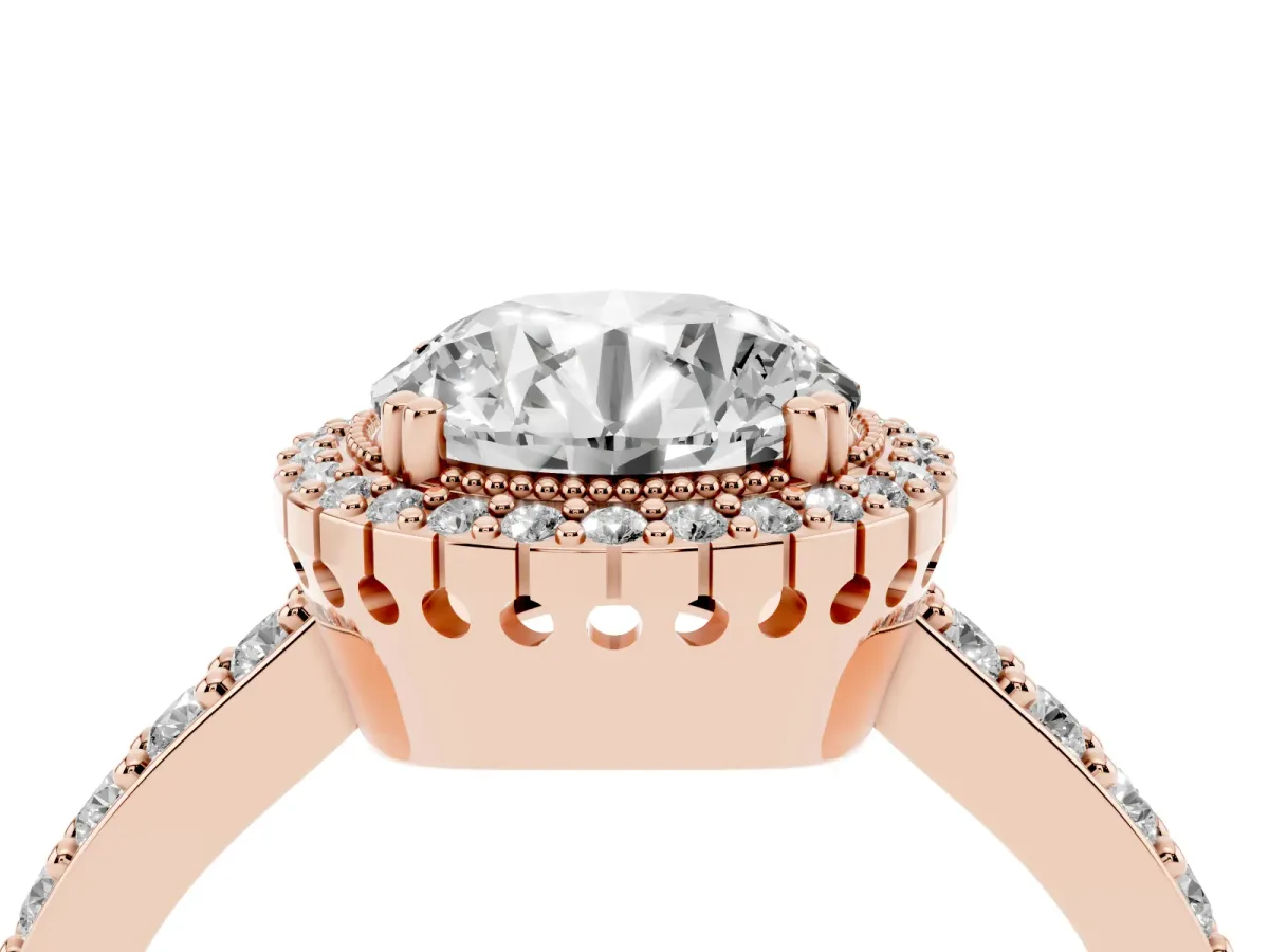 Round Cut Cut Diamond Halo Engagement Ring with Milgrain Detail and Pavé Band Rose gold