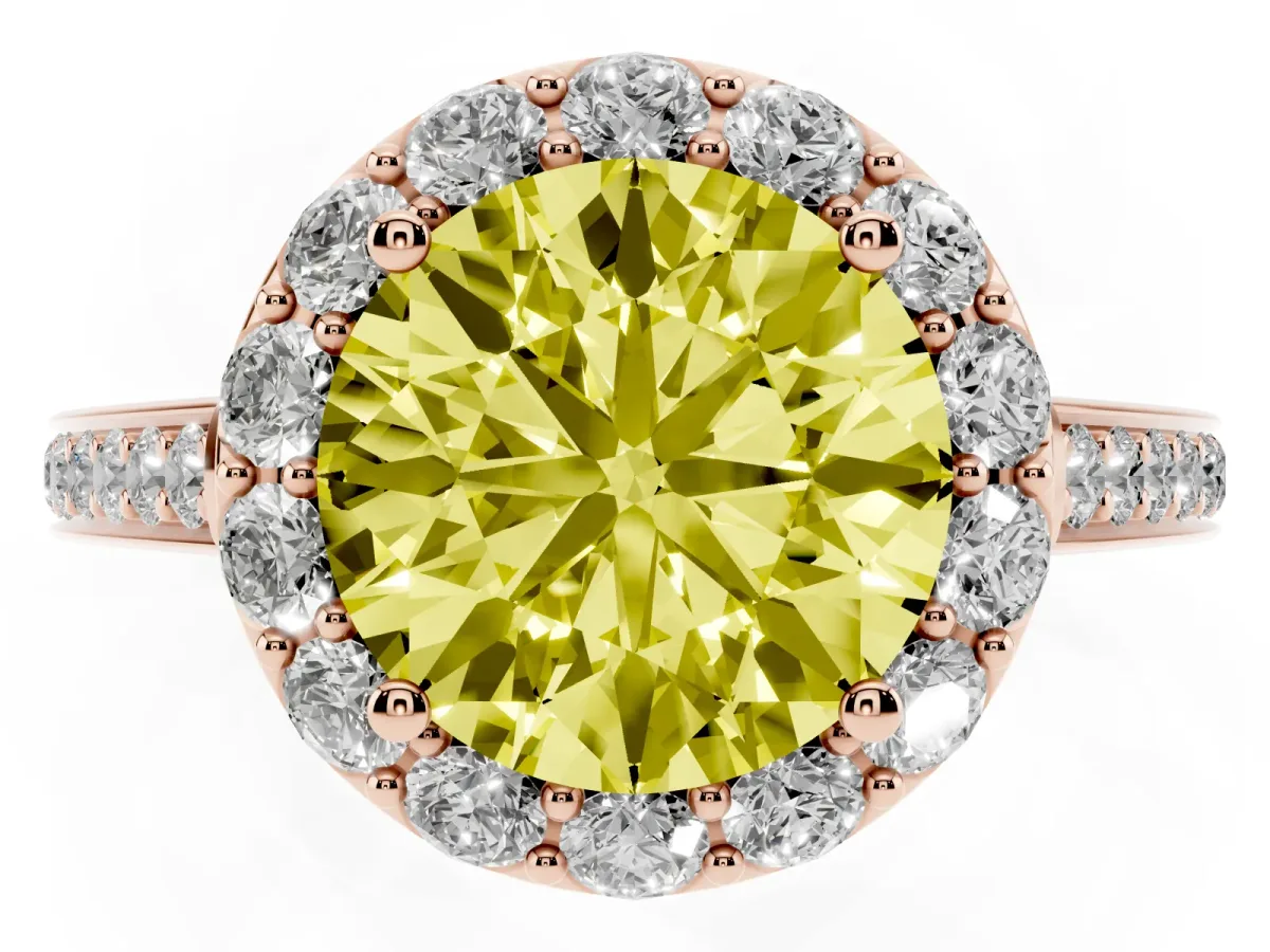 Fancy Yellow Round Cut Diamond Floral Halo Ring with Pavé Band and Prong Setting Rose gold