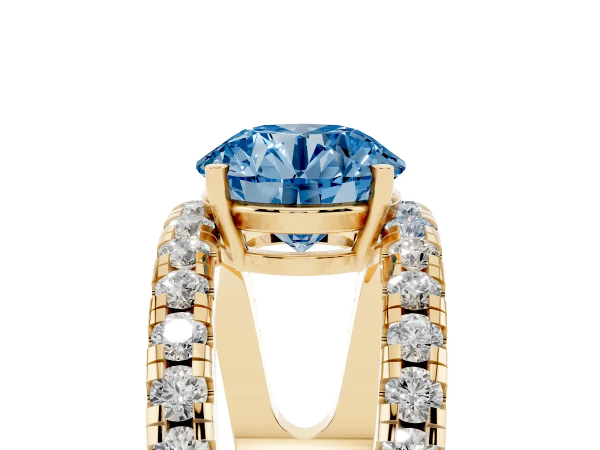 Fancy Blue Round Cut Solitaire Split Shank Pave Diamond Ring Yellow gold