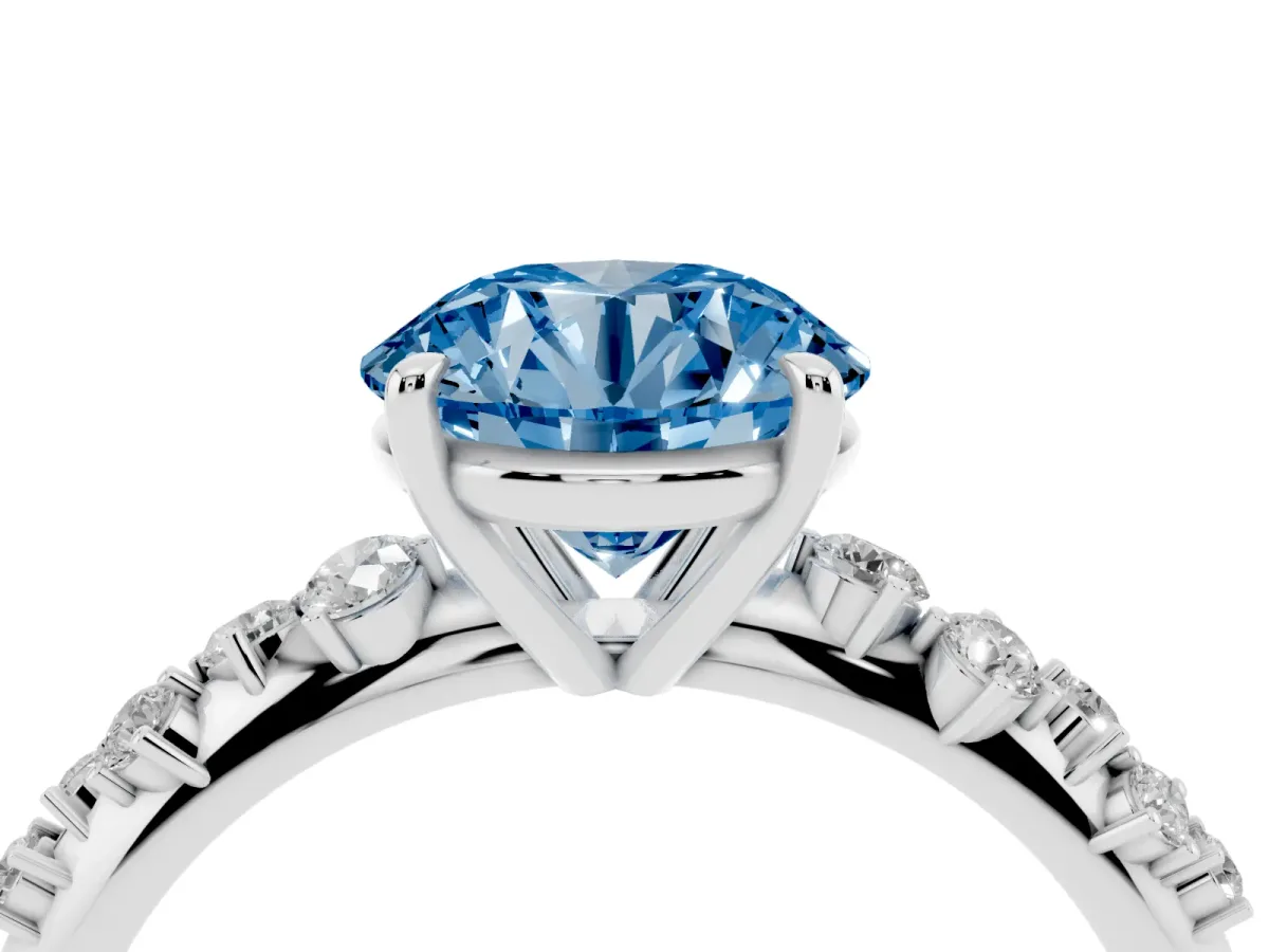 Fancy Blue Round Cut Diamond Cluster Side Stone Solitaire Ring with Prong Setting Silver