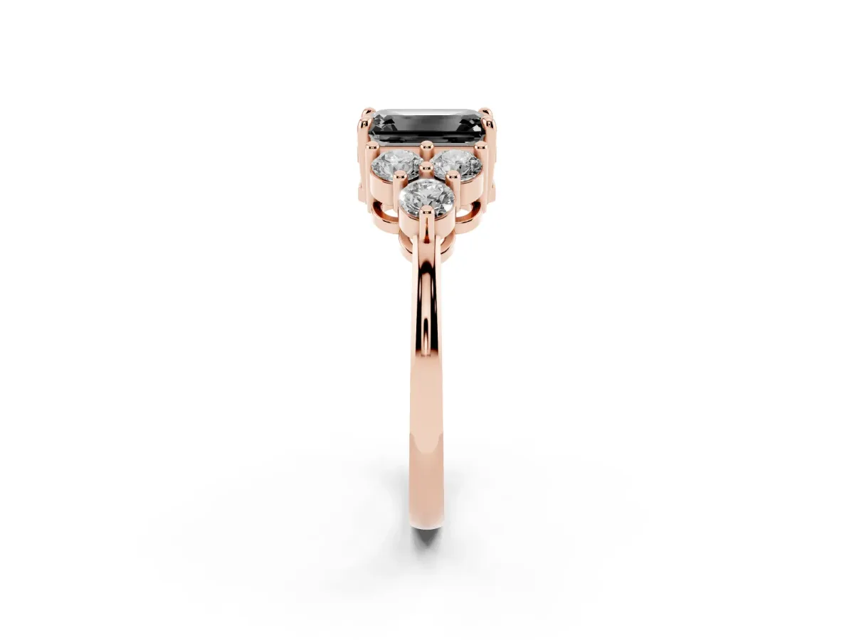 Fancy Black Emerald Cut Brilliant Diamond Cluster Accent Solitaire Ring with Prong Setting Rose gold