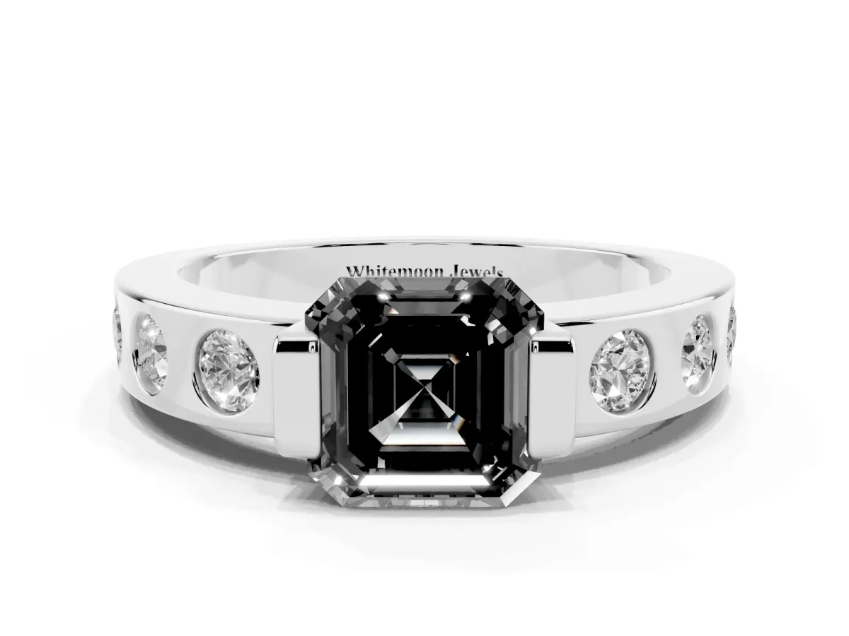 Fancy Black Asscher Cut Brilliant Channel-Set Diamond Ring with Bezel Prong Setting Silver