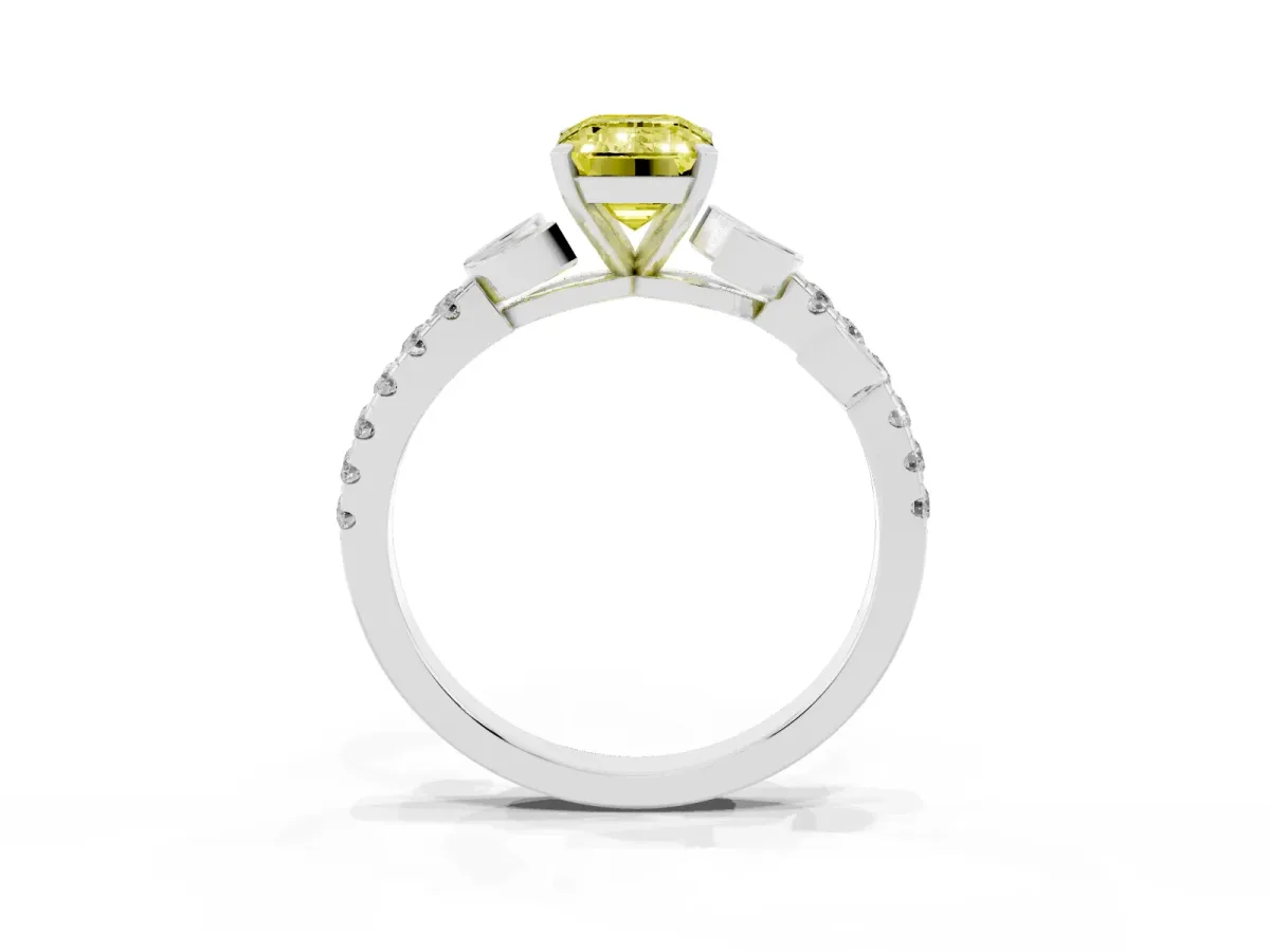 Fancy Yellow Emerald Cut Solitaire Leaf-Inspired Diamond Ring with Pavé Band and Four-Prong Setting Silver