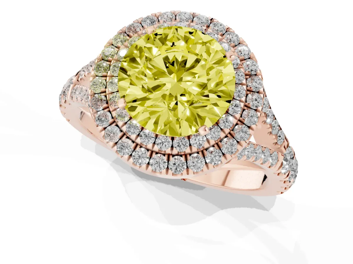 Fancy Yellow Round Cut Diamond Double Halo Ring with Split Shank and Prong Setting Rose gold