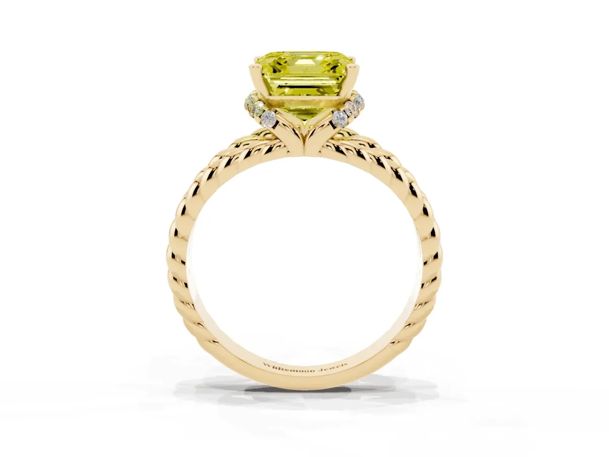 Fancy Yellow Asscher Cut Halo Twisted Band Four-Prong Ring Yellow gold