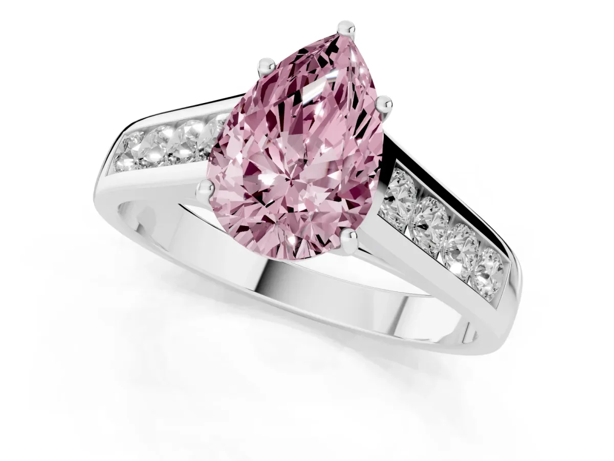 Fancy Pink Pear Cut Brilliant Channel-Set Solitaire Ring with Four-Prong Setting Silver