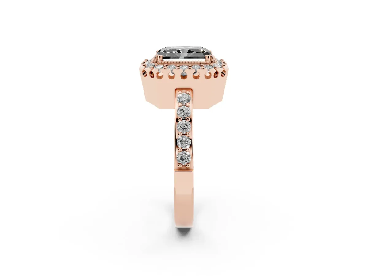 Fancy Black Radiant Cut Diamond Halo Ring with Pavé Band and Prong Setting Rose gold