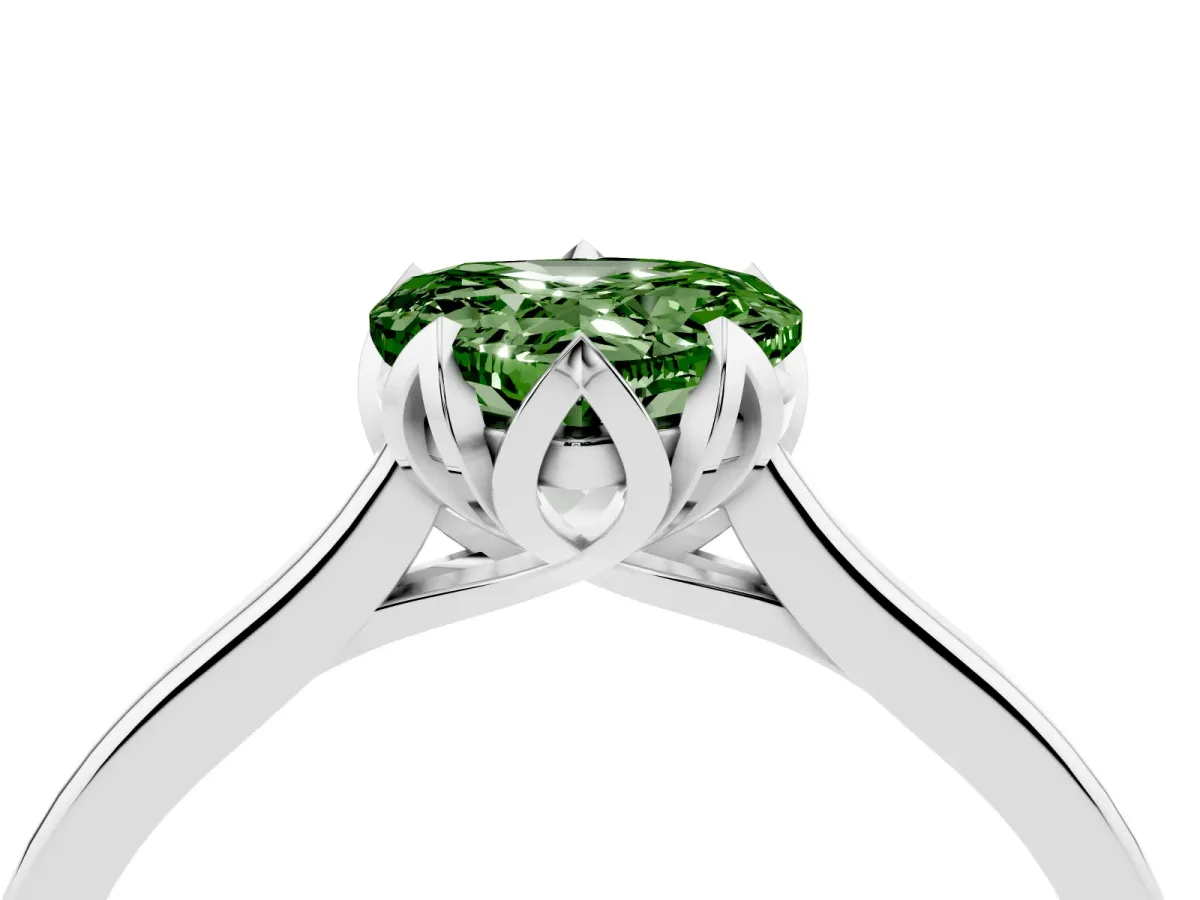 Fancy Green Heart Cut Diamond Solitaire Ring with Flower Prong Setting and Classic Band Platinum
