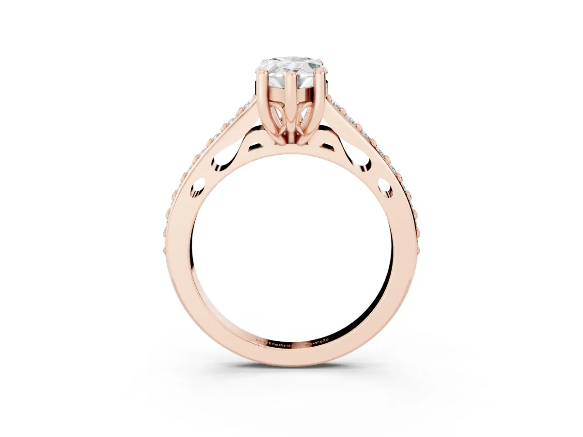 Marquise Cut Solitaire Prong Set Diamond Engagement Ring with Pave Band Rose gold