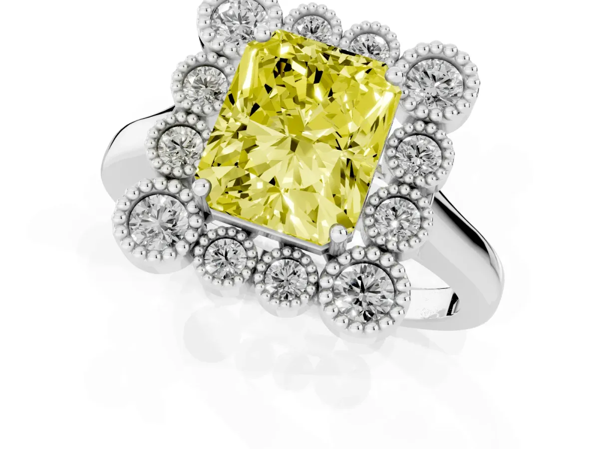 Fancy Yellow Radiant Cut Halo Diamond Cluster Engagement Ring with Milgrain Bezel Setting and Solitaire Band Silver