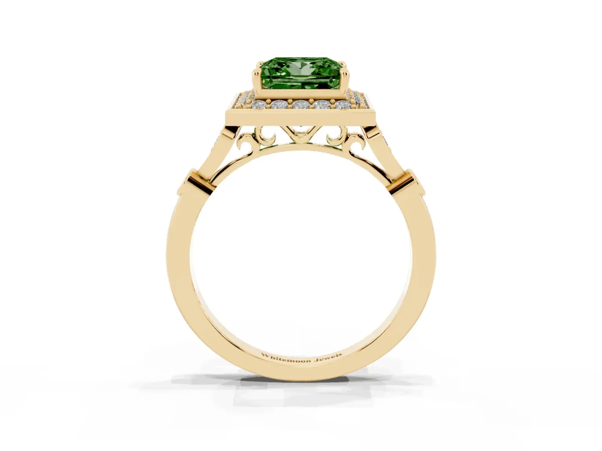 Fancy Green Princess Cut Halo Diamond Engagement Ring with Twisted Band and Four-Prong Setting Yellow gold