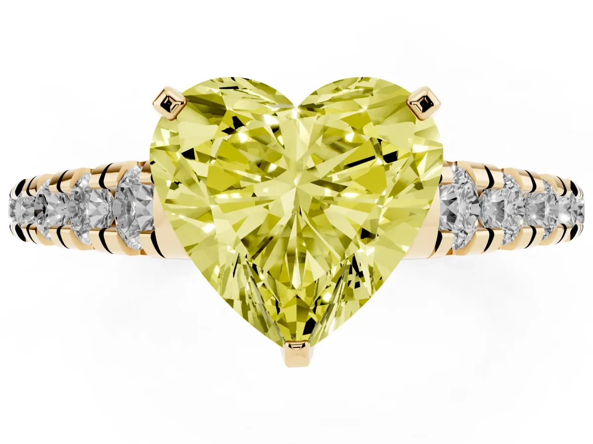 Fancy Yellow Heart Cut Diamond Cathedral Solitaire Ring with Round Pavé Band Yellow gold