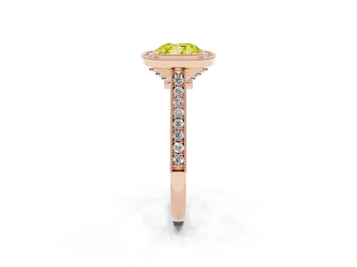 Fancy Yellow Halo Cushion Cut-Cut Diamond Pave Band Milgrain Prong Setting Ring Rose gold