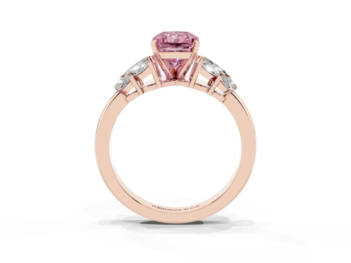 Fancy Pink Radiant Cut Diamond Cluster Leaf Design Ring with Prong Setting Rose gold