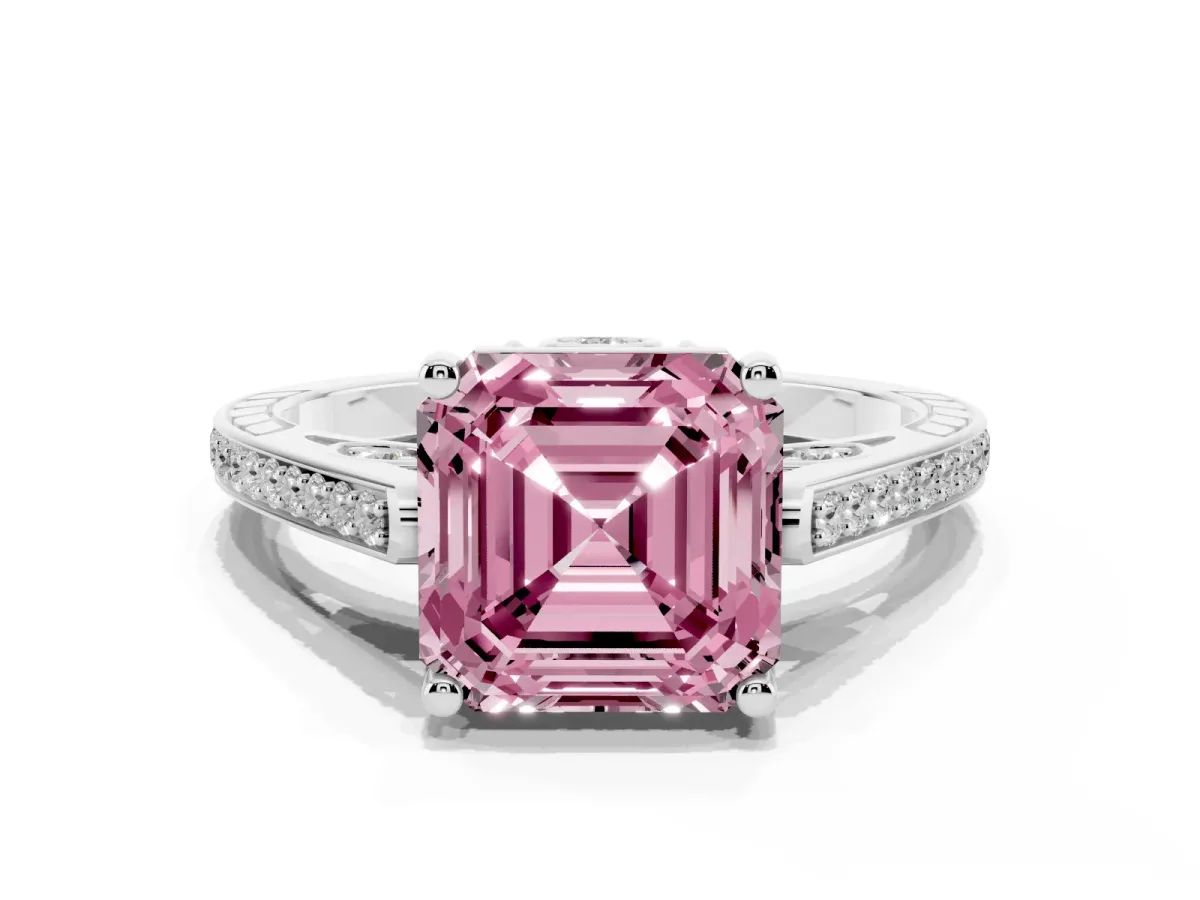 Fancy Pink Asscher Cut Cut Cathedral Pave Diamond Engagement Ring with Six-Prong Setting Silver