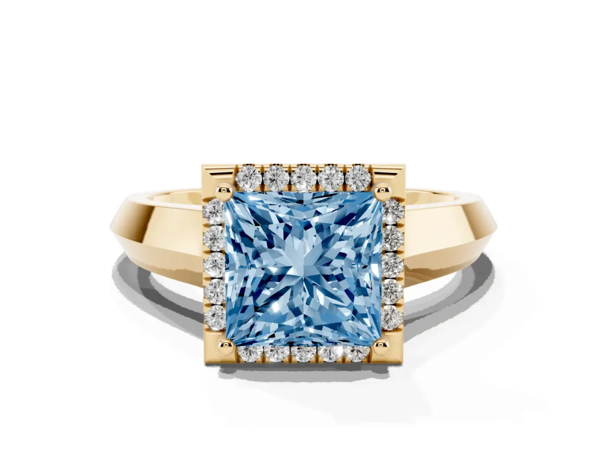 Fancy Blue Princess Cut Halo Diamond Ring with Cathedral Band and Four-Prong Setting Yellow gold