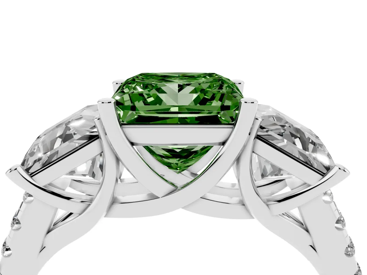 Fancy Green Three-Stone Princess Cut Diamond Ring with Round Pavé Band and Prong Setting Silver