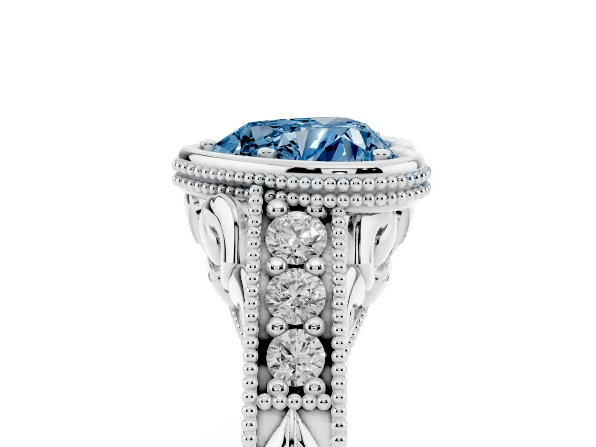 Fancy Blue Bezel Set Heart Cut Diamond Milgrain Pave Engagement Ring Silver