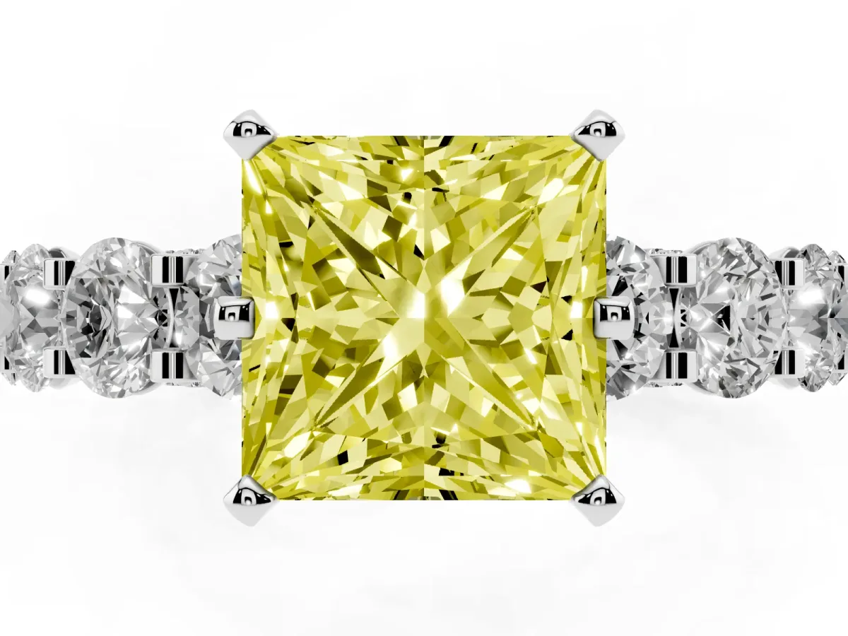 Fancy Yellow Princess Cut Diamond Side Stone Engagement Ring with Four-Prong Setting Platinum