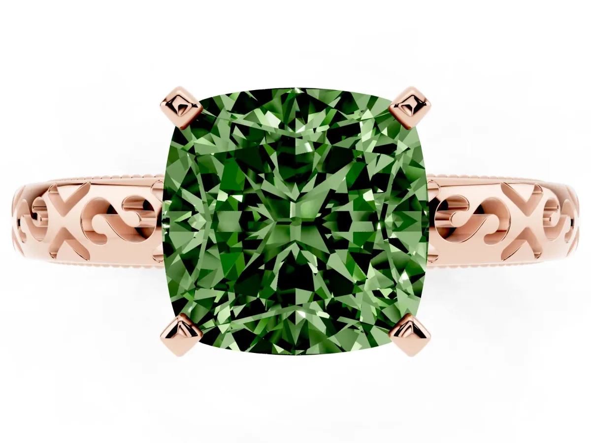 Fancy Green Cushion Cut Solitaire Engagement Ring with Scrollwork Band and Four-Prong Setting Rose gold