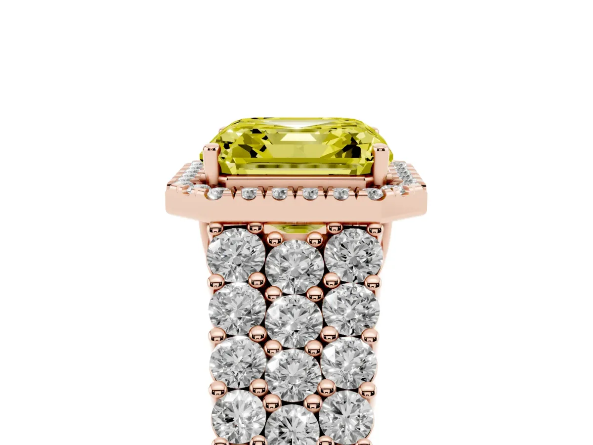 Fancy Yellow Asscher Cut Diamond Halo Engagement Ring with Triple Row Round Pavé Band and Prong Setting Rose gold