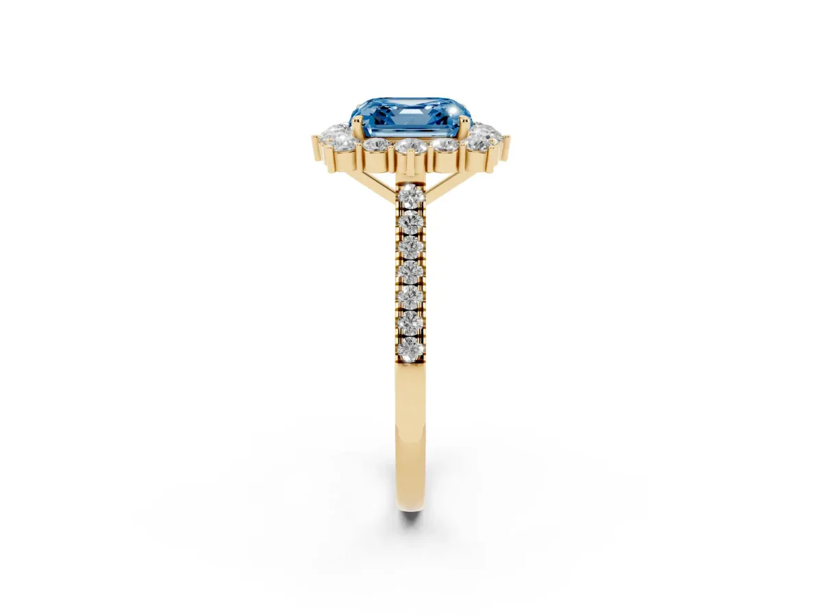 Fancy Blue Asscher Cut Halo Diamond Ring with Pavé Band and Prong Setting Yellow gold