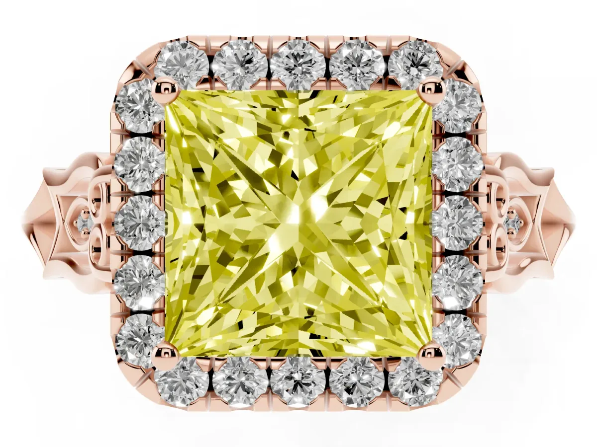 Fancy Yellow Princess Cut Halo Diamond Engagement Ring with Filigree Band and Four-Prong Setting Rose gold