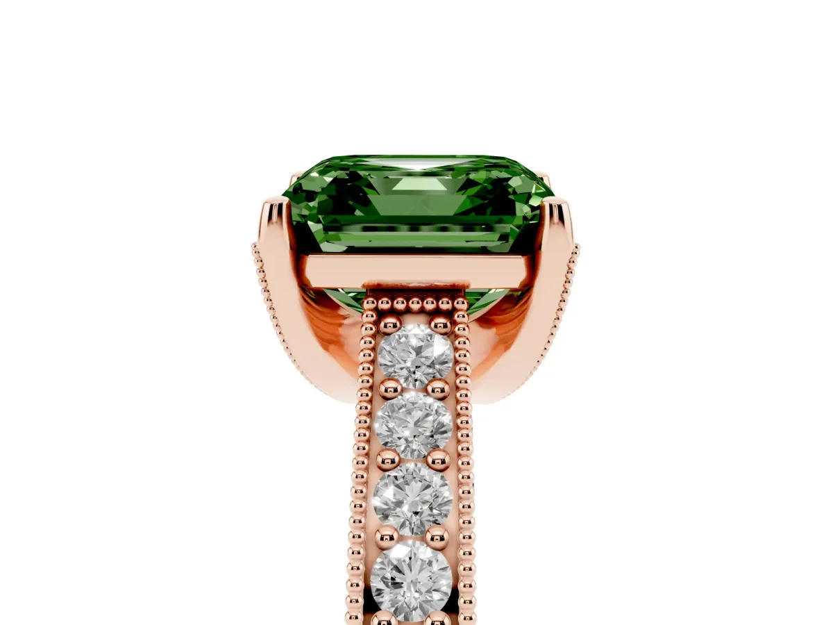 Fancy Green Asscher Cut Cut Diamond Solitaire Ring with Milgrain Pave Band and Four Prong Setting Rose gold