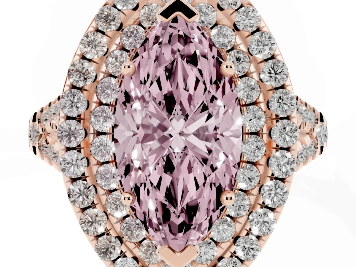 Fancy Pink Double Halo Marquise Cut Diamond Pavé Split Shank Ring with Prong Setting Rose gold