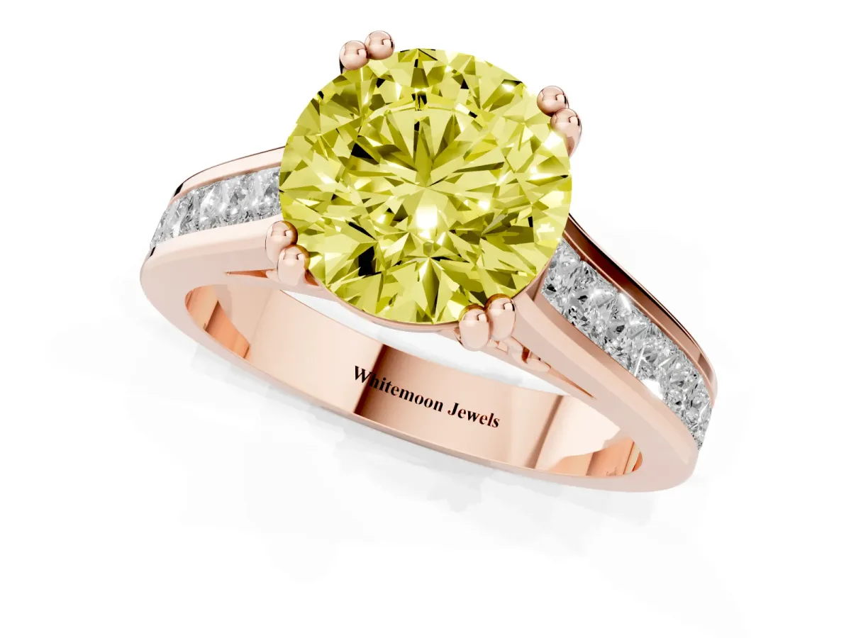 Fancy Yellow Round Cut Cut Channel Set Solitaire Engagement Ring with Prong Setting Rose gold