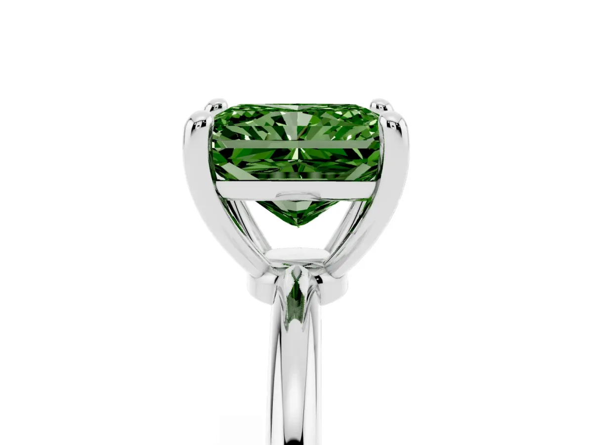 Fancy Green Radiant Cut Solitaire Diamond Ring with 4-Prong Setting on a Classic Band Silver