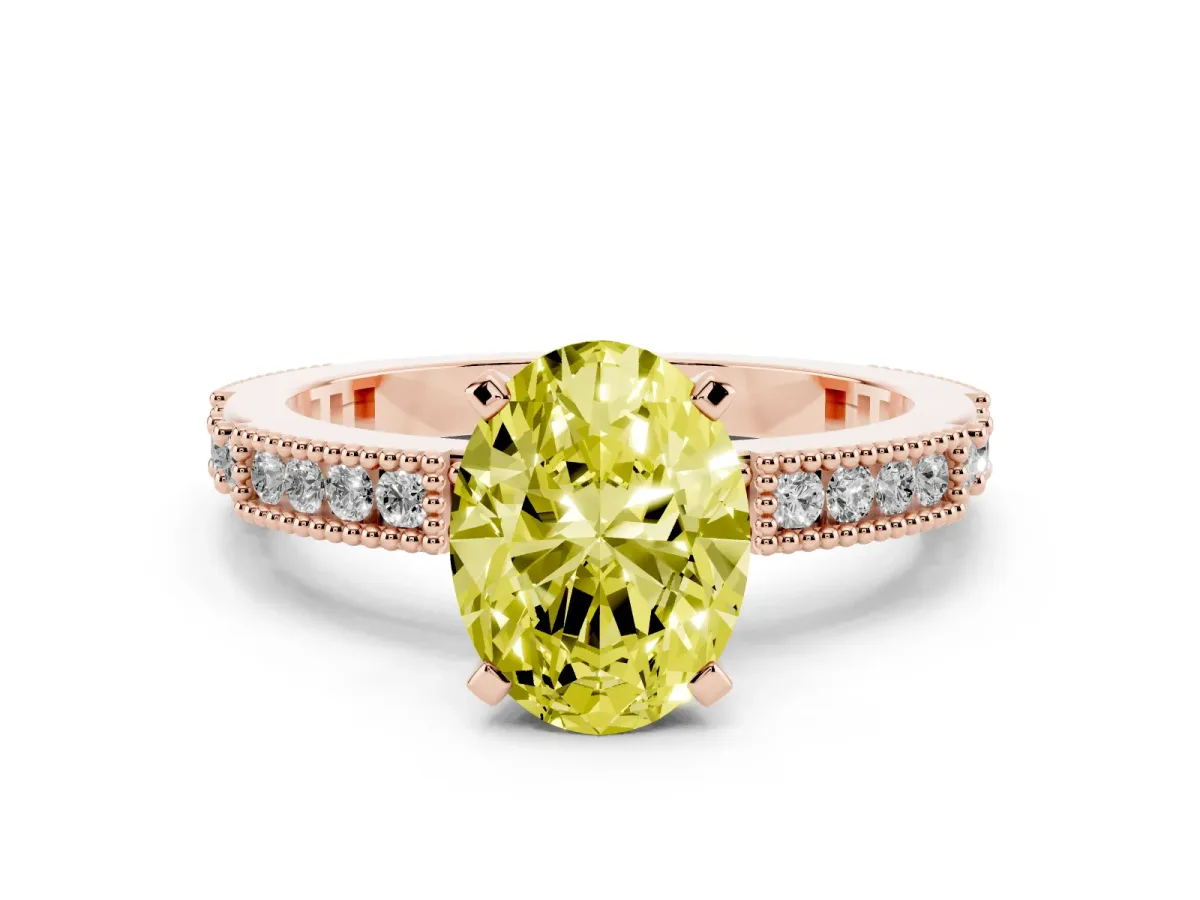 Fancy Yellow Oval Cut Solitaire with Pavé Band and Four-Prong Setting Rose gold