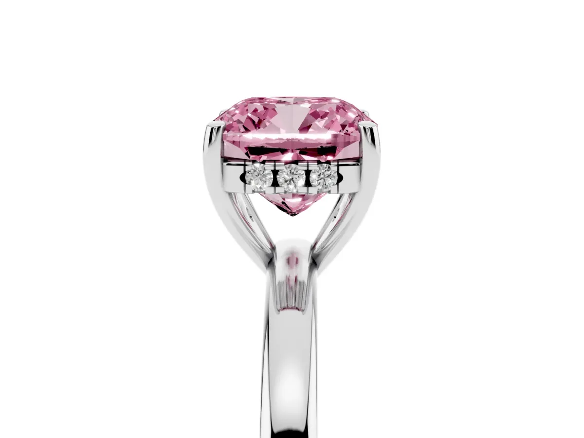 Fancy Pink Cushion Cut Solitaire Diamond Ring with Prong Setting and Plain Band White gold