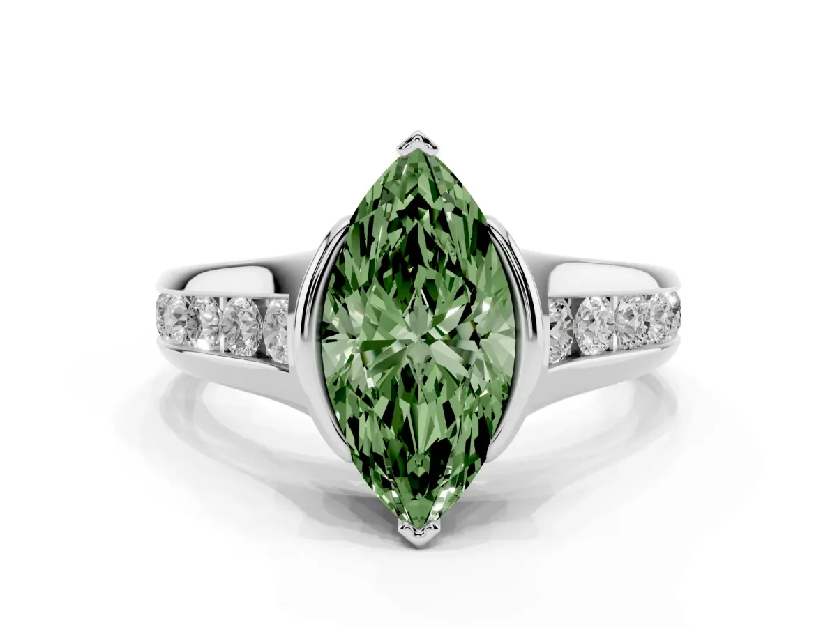 Fancy Green Marquise Cut Solitaire Bezel-Set Diamond Ring with Channel-Set Band Silver