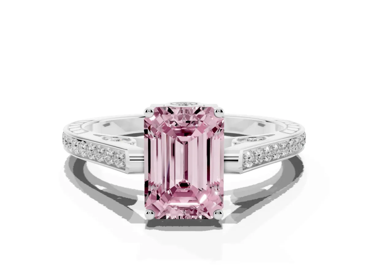 Fancy Pink Emerald Cut Cut Cathedral Pave Diamond Engagement Ring with Six-Prong Setting Silver