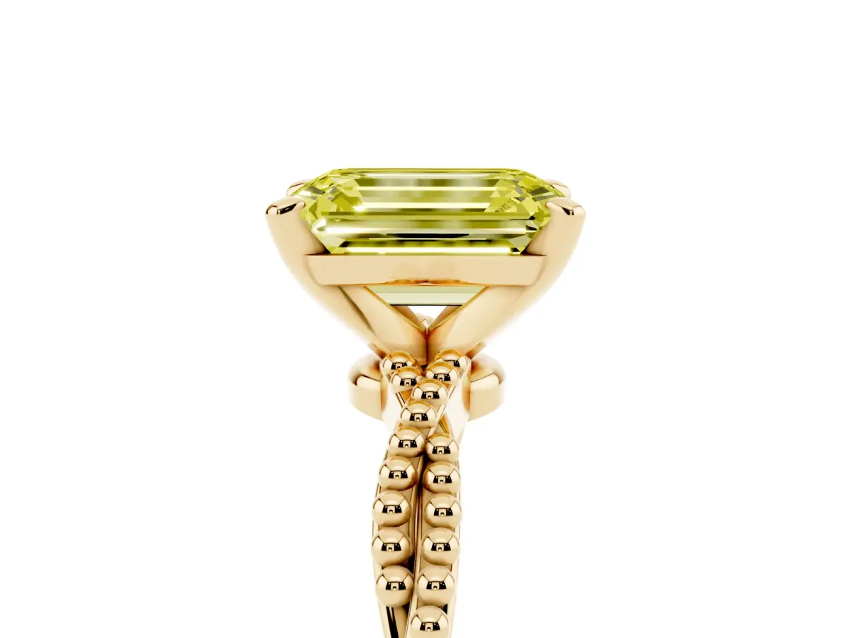 Fancy Yellow Emerald Cut Solitaire Twisted Band with Bead Prong Setting Yellow gold