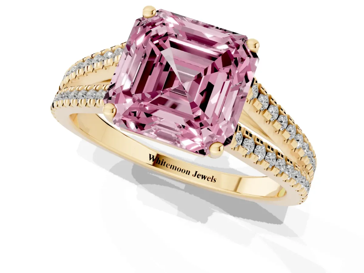 Fancy Pink Asscher Cut Diamond Solitaire Engagement Ring with Split Shank Pavé Band Yellow gold