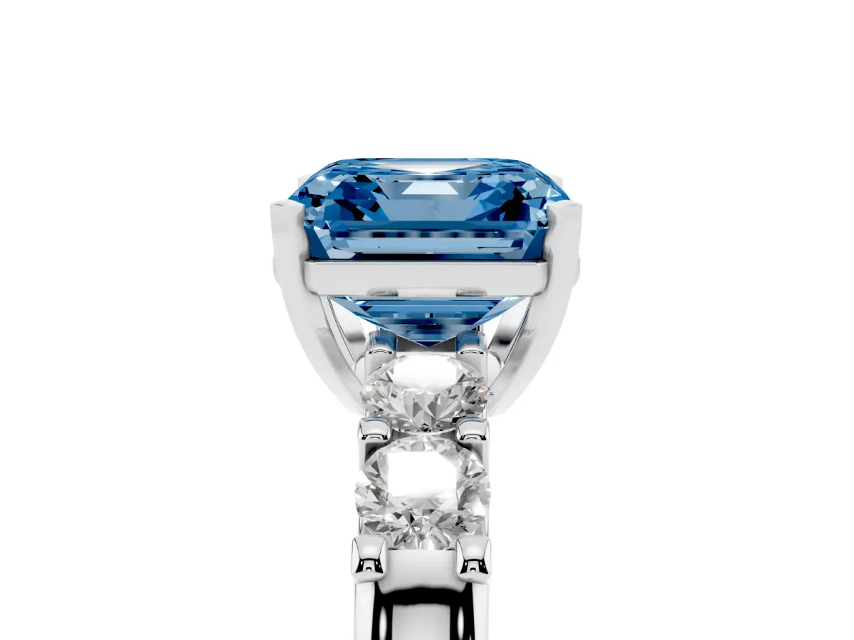 Fancy Blue Asscher Cut Brilliant Cut Diamond Five-Stone Prong Set Engagement Ring with Channel Band Platinum