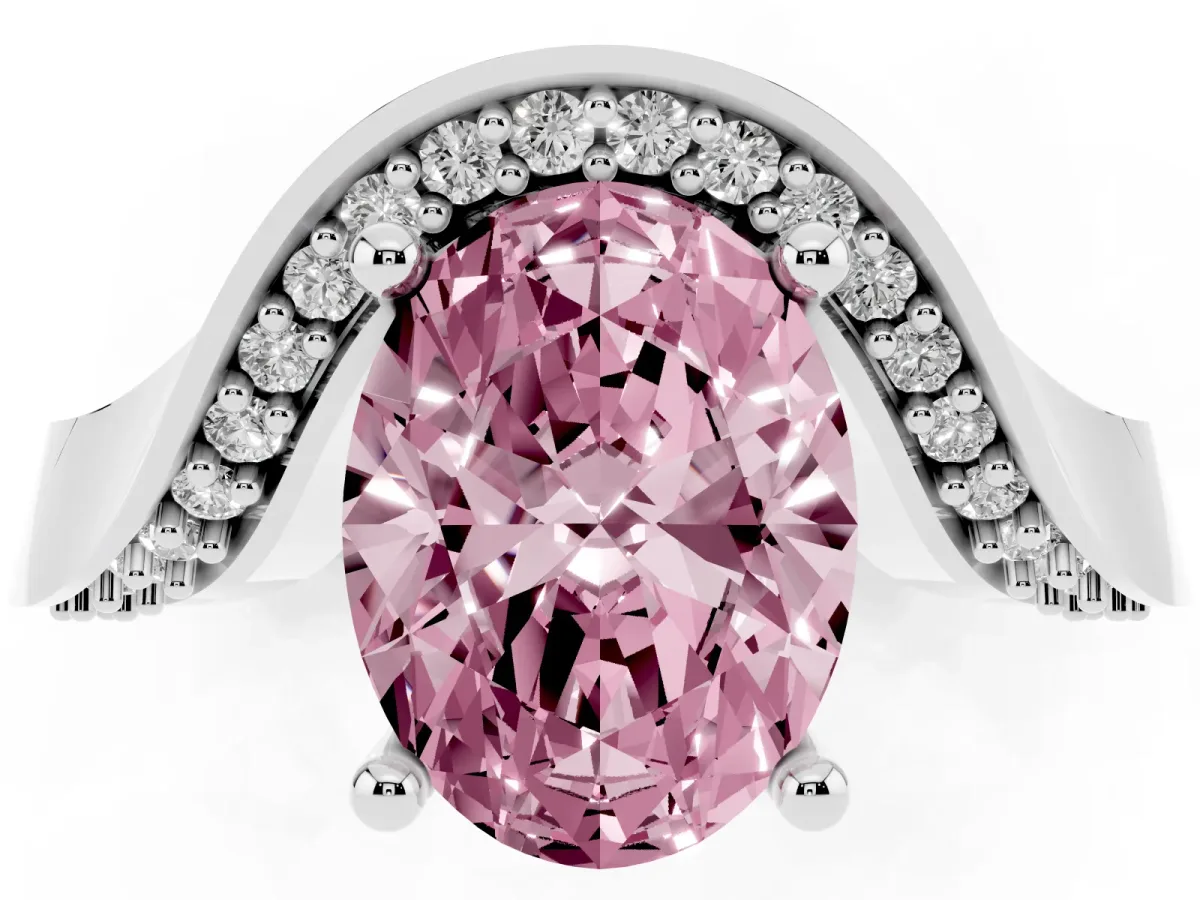 Fancy Pink Oval Cut Solitaire Diamond Engagement Ring with Pave Band and Four-Prong Setting Silver