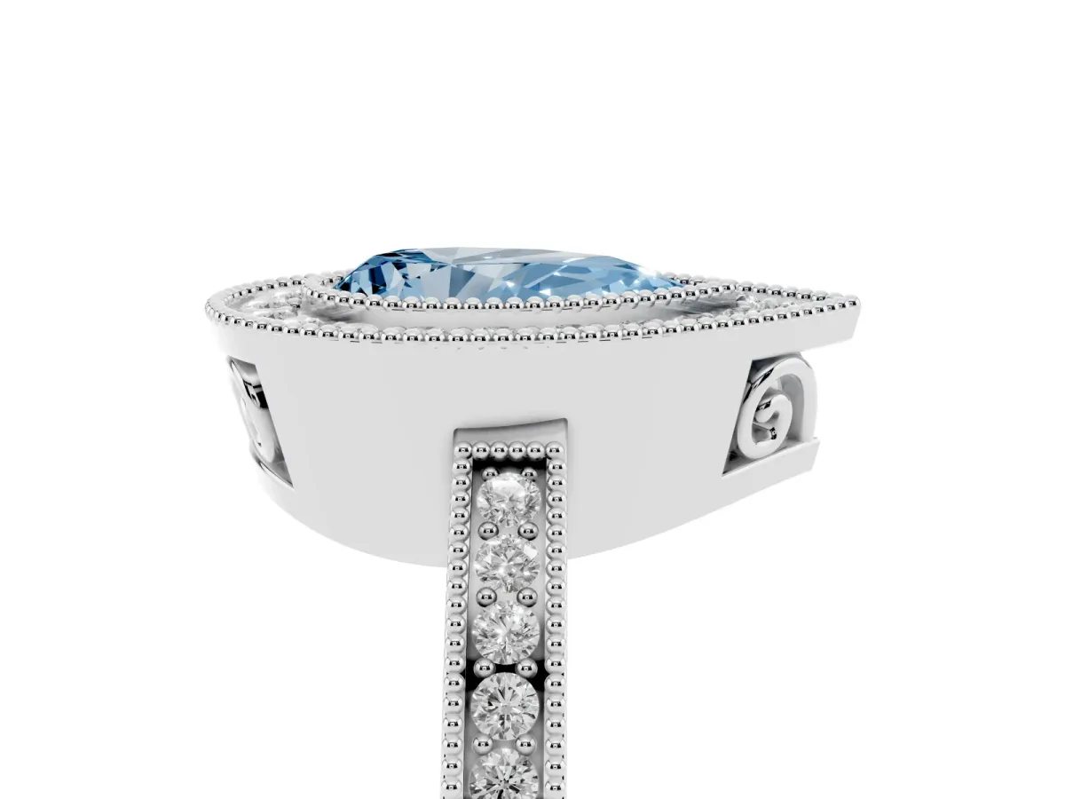 Fancy Blue Pear Cut Cut Halo Diamond Ring with Pavé Band and Milgrain Prong Setting Silver