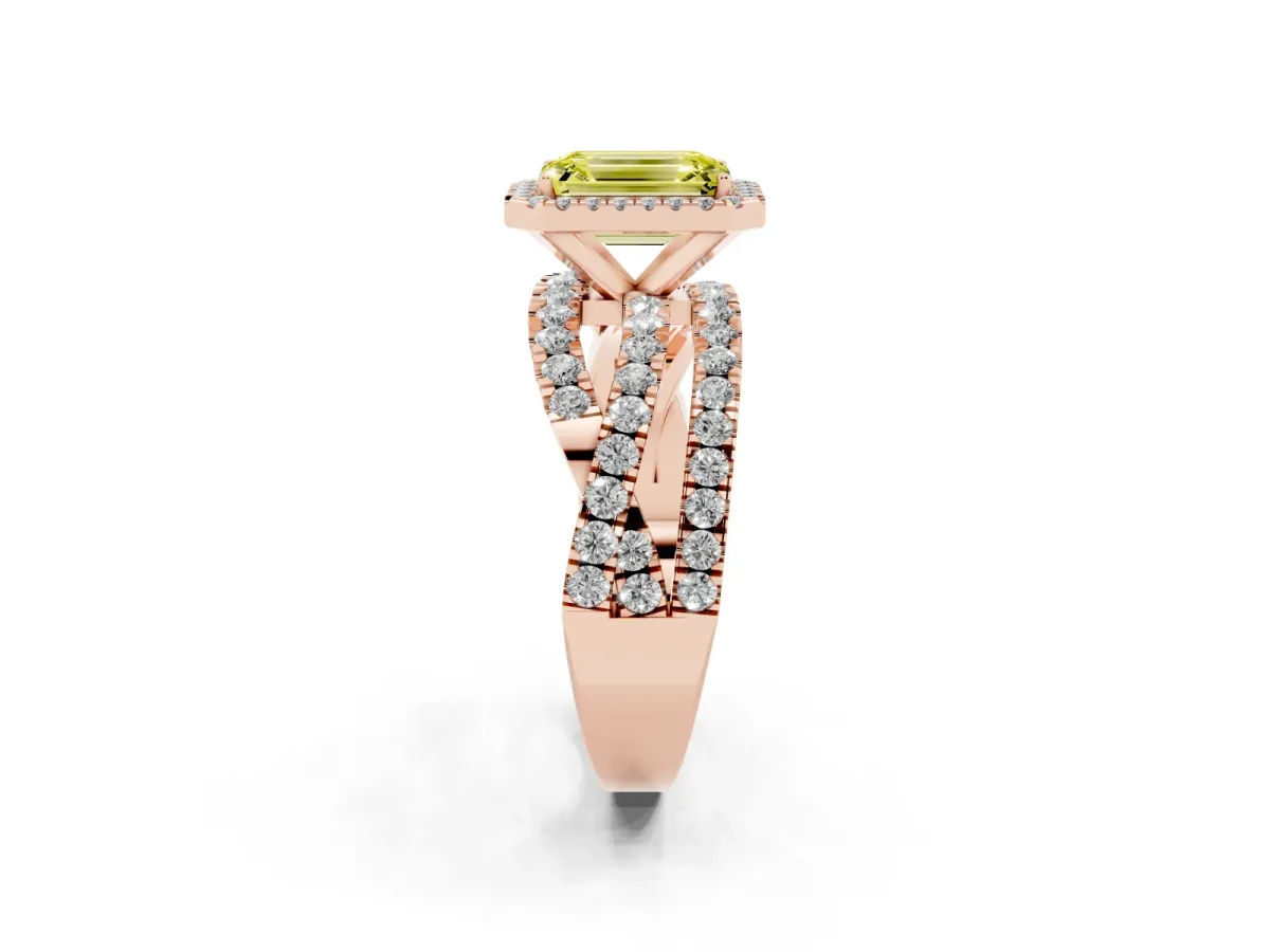 Fancy Yellow Emerald Cut Diamond Halo Ring with Round Split Shank and Prong Setting Rose gold