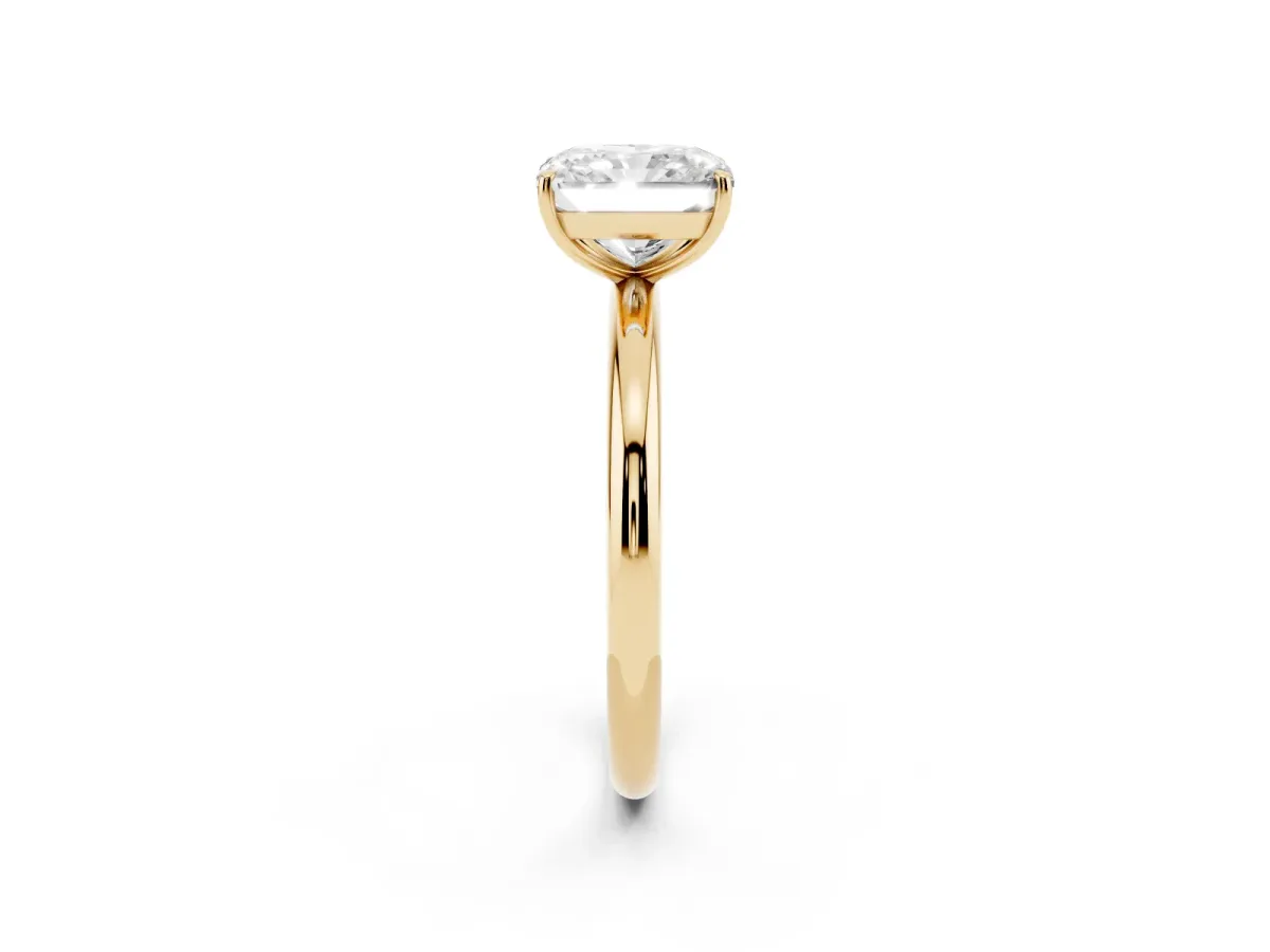 Radiant Cut Solitaire Diamond Ring with Four-Prong Setting on a Plain Band Yellow gold