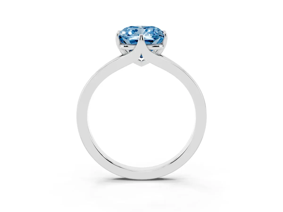 Fancy Blue Cushion Cut Solitaire Diamond Ring with Six-Prong Setting and Tapered Band Platinum