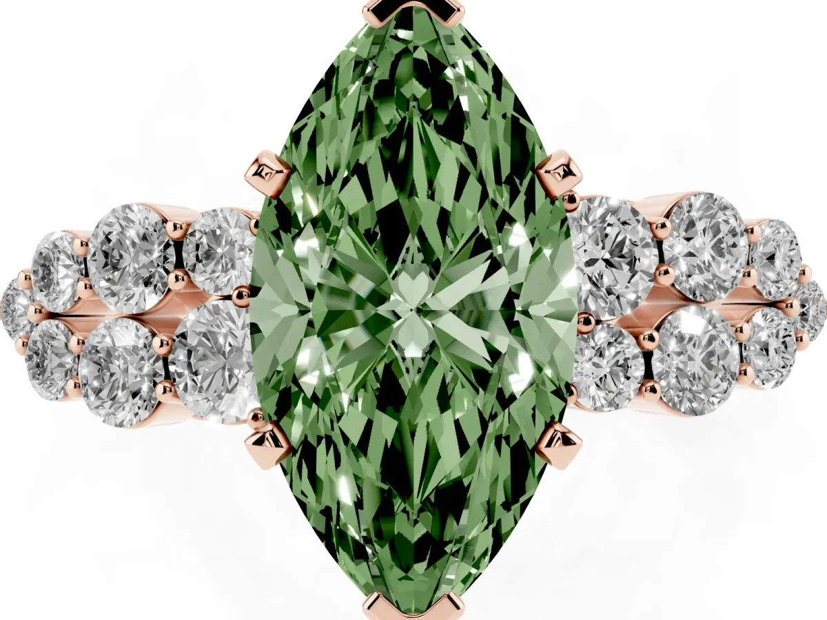Fancy Green Marquise Cut Cluster Diamond Engagement Ring with Pavé Band and Four-Prong Setting Rose gold