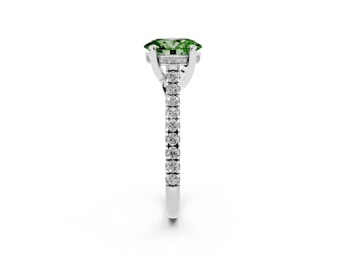 Fancy Green Oval Cut Brilliant Diamond Solitaire with Pavé Band and Four-Prong Setting Silver