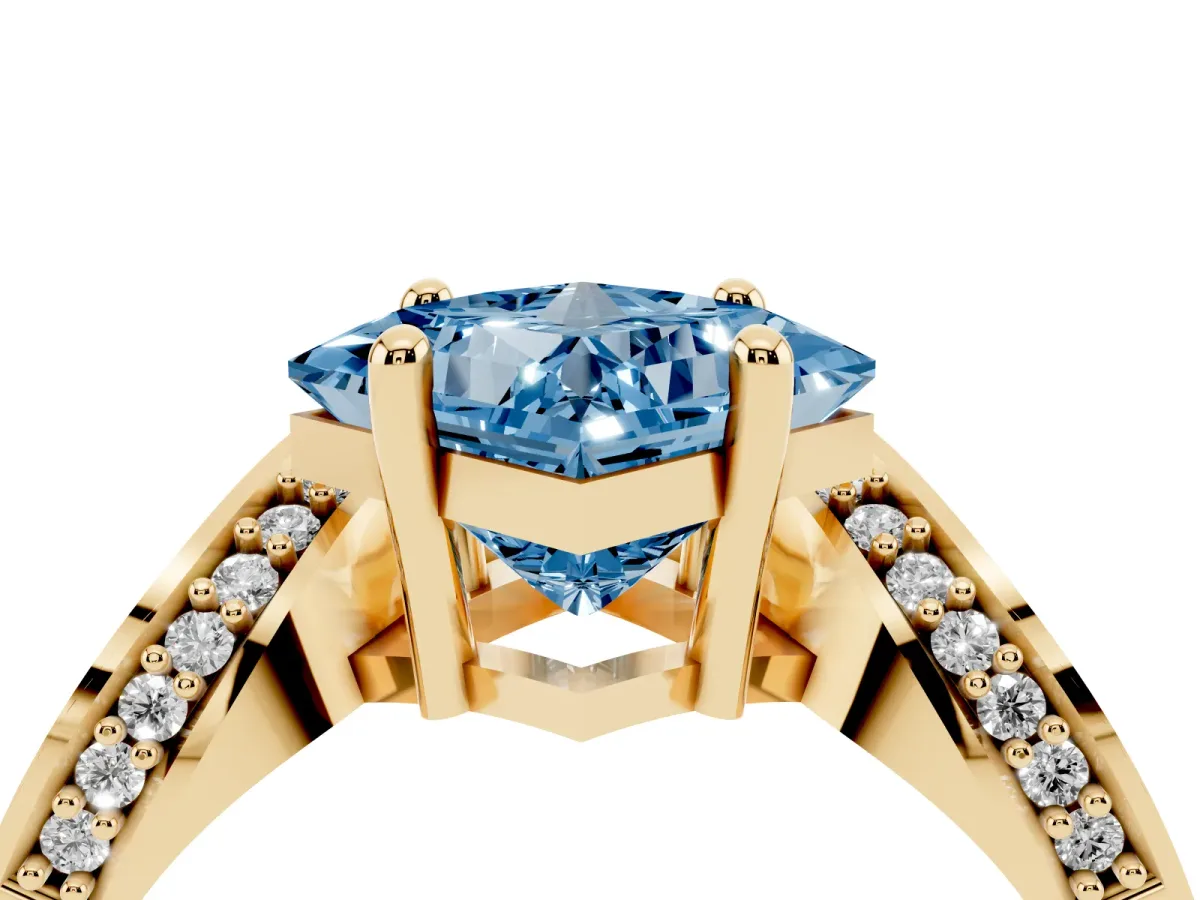 Fancy Blue Princess Cut Solitaire Diamond Engagement Ring with Pave Band and Four-Prong Setting Yellow gold